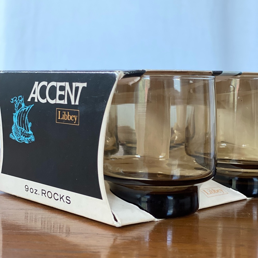{SOLD} NIB Set mid-century modern smoky rock glasses by Libbey Co - Picture 9 of 12
